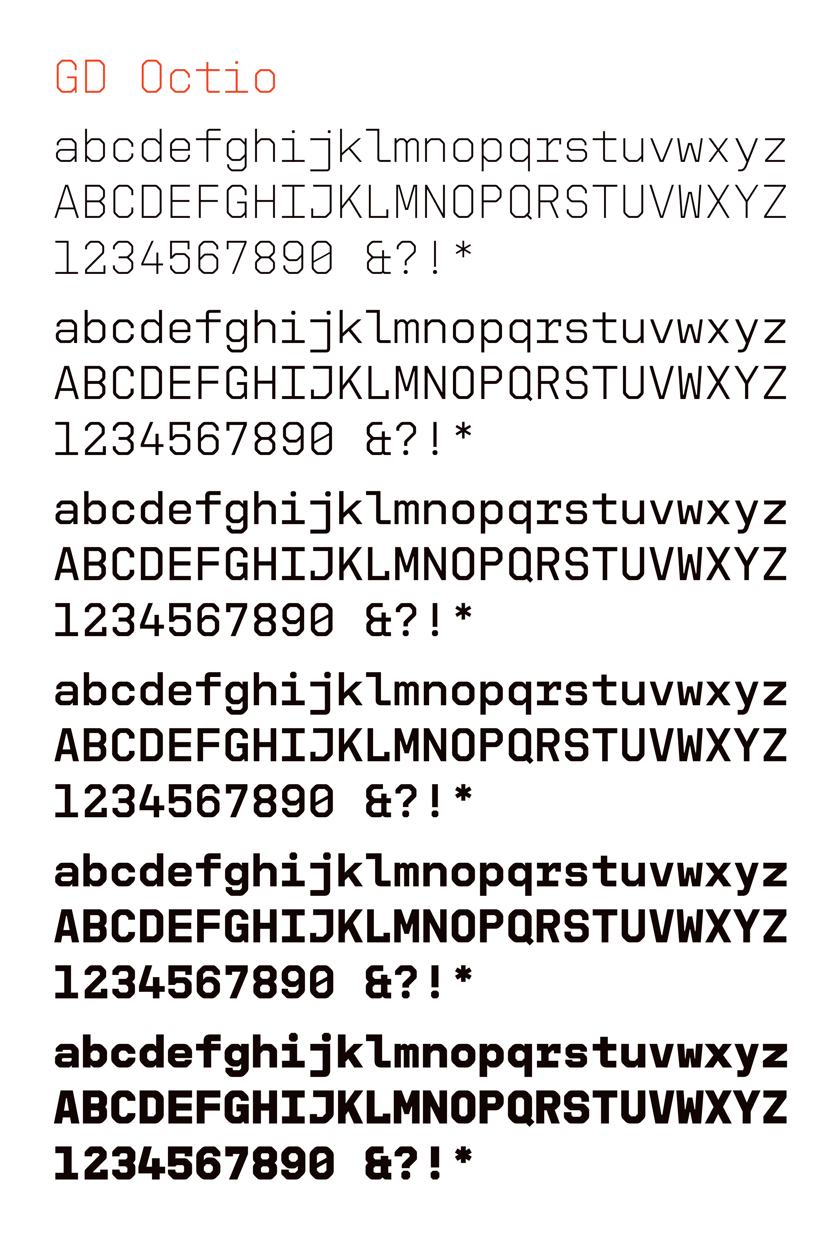 GD Octio comes in four weights with italics, and small caps for all styles.