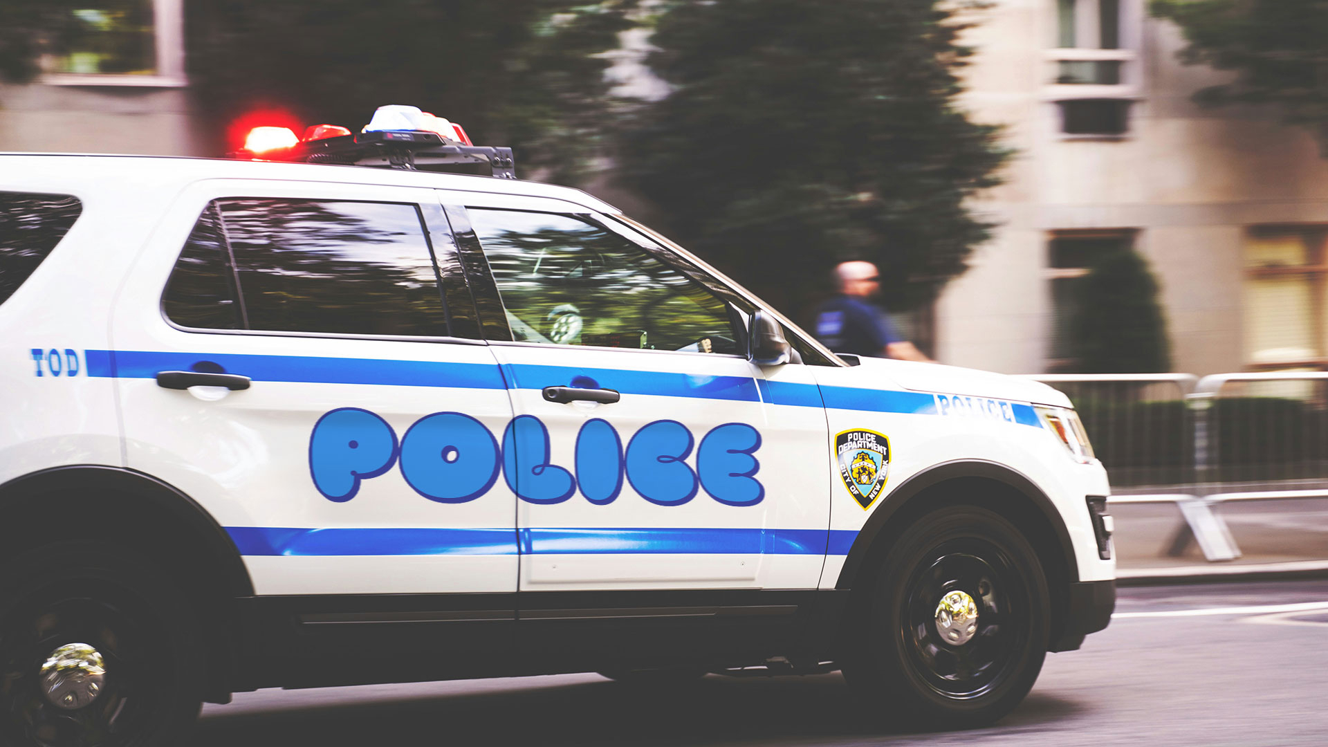 Mockup photo of a police car with the text 'POLICE' in the typeface Loopy