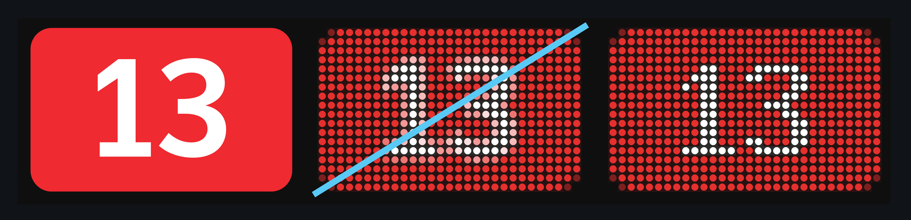 Three versions of a number for a subway line: first, how it looks in non-digital signage, second, how it looks in digital signage without adaptation for low resolution, and third, how it looks in digital signage adapted to low resolution.